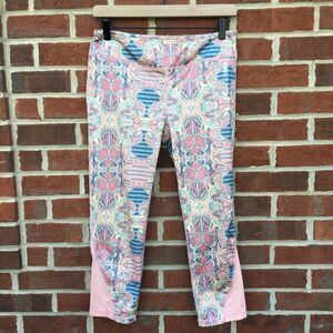 Roxy Athletic Capri Leggings Large Pink Print Hidden Waist Pocket